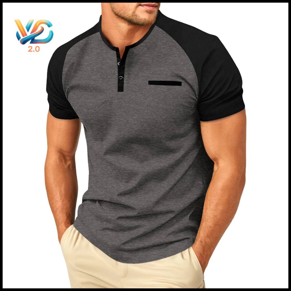 Men's Cotton Henley Short Sleeve T-Shirt with Pocket Regular Fit‎